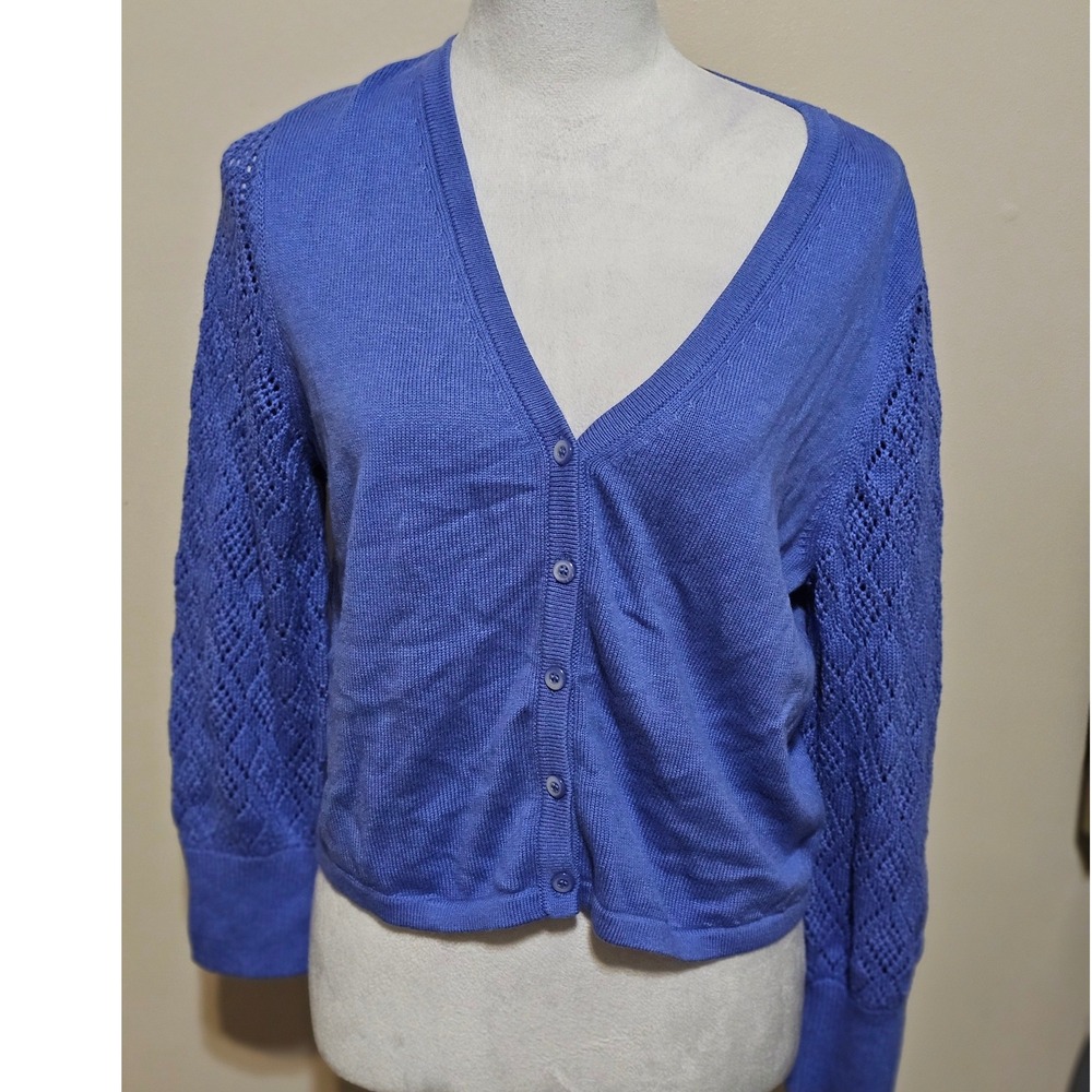 Isaac Mizrahi Live Blue Crochet Sleeve V-Neck Cardigan Sweater Medium A598189